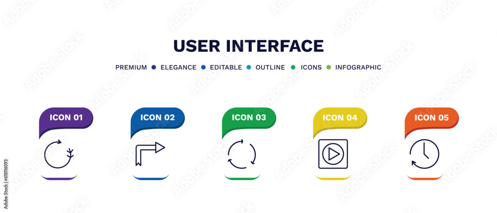 set of user interface thin line icons. user interface outline icons with infographic template. linear icons such as spinning left arrow, right turn, looping arrows, movie play button, circular arrow set of user interface thin line icons. user interface outline icons with infographic template. linear icons such as spinning left arrow, right turn, looping arrows, movie play button, circular arrow