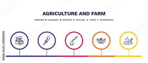 set of agriculture and farm thin line icons. agriculture and farm outline icons with infographic template. linear icons such as vegetables, billhook, hoe, planting, manure vector.