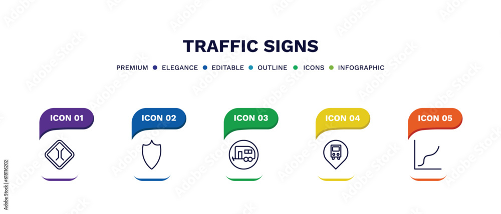 set of traffic signs thin line icons. traffic signs outline icons with infographic template. linear icons such as narrow bridge, highway, caravan, bus stop, curves vector.