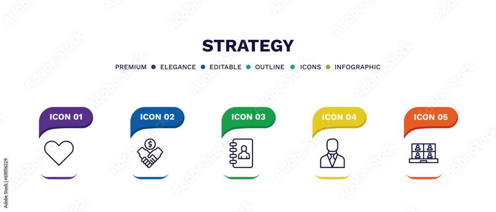 set of strategy thin line icons. strategy outline icons with infographic template. linear icons such as heart, deal, phonebook, manager, video conference vector. set of strategy thin line icons. strategy outline icons with infographic template. linear icons such as heart, deal, phonebook, manager, video conference vector.
