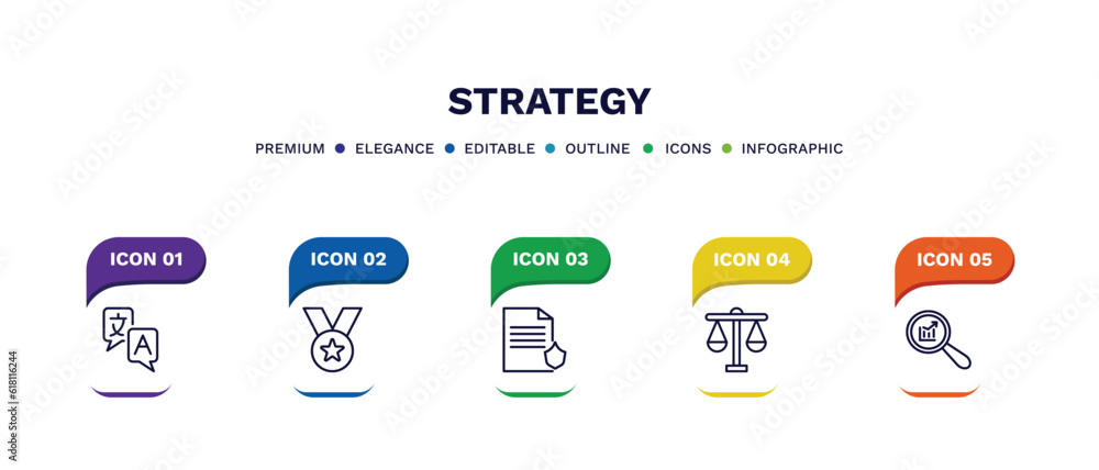 set of strategy thin line icons. strategy outline icons with infographic template. linear icons such as translator, medal, policy, balance, analysis vector.