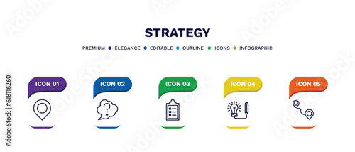 set of strategy thin line icons. strategy outline icons with infographic template. linear icons such as placeholder, question, list, creative, path vector.