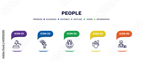 set of people thin line icons. people outline icons with infographic template. linear icons such as judge with hammer, man child and balloons, girl smile, partners claping hands, radiologist working