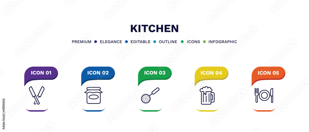 set of kitchen thin line icons. kitchen outline icons with infographic template. linear icons such as knives, jar, skimmer, beer, dinner vector. set of kitchen thin line icons. kitchen outline icons with infographic template. linear icons such as knives, jar, skimmer, beer, dinner vector.