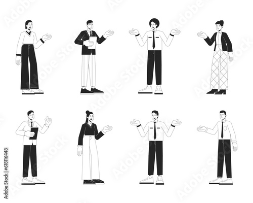 Office people casual flat line black white vector characters set. Editable outline full body people on white. Office workers simple cartoon isolated spot illustration bundle for web graphic design