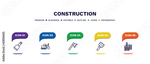 set of construction thin line icons. construction outline icons with infographic template. linear icons such as , inclined ax, sand brush,