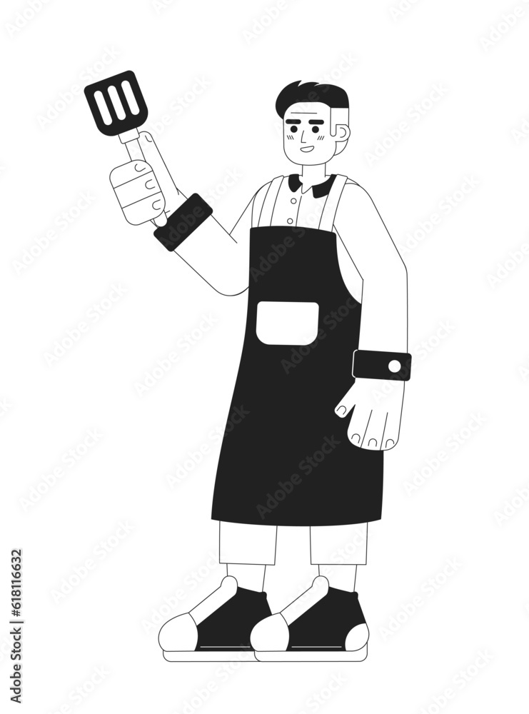 Adult man stand with steel spatula monochromatic flat vector character. Barbecue party. Editable full body male in cooking gown on white. Simple bw cartoon spot image for web graphic design