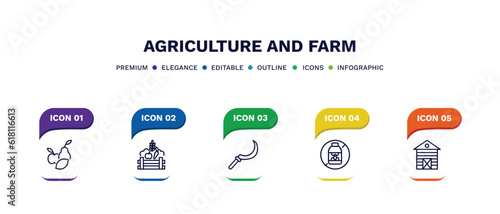 set of agriculture and farm thin line icons. agriculture and farm outline icons with infographic template. linear icons such as fruit, farm products, sickle, pesticide, shed vector.