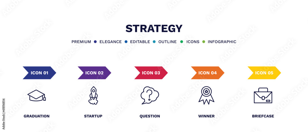 set of strategy thin line icons. strategy outline icons with infographic template. linear icons such as graduation, startup, question, winner, briefcase vector. set of strategy thin line icons. strategy outline icons with infographic template. linear icons such as graduation, startup, question, winner, briefcase vector.