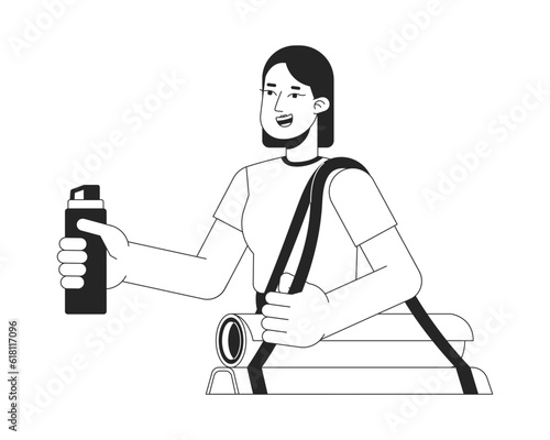 Athletic girl holds water bottle flat line black white vector character. Editable outline half body woman with bag and mat on white. Simple cartoon isolated spot illustration for web graphic design