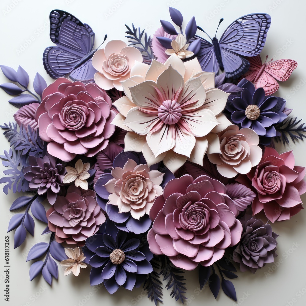 Origami paper flowers with butterflies. Generative AI Origami paper flowers with butterflies. Generative AI