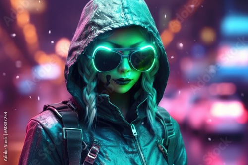 Fashion cyberpunk girl with glasses in night city. 