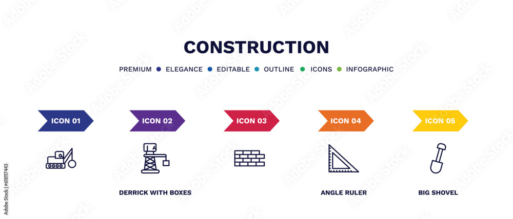 set of construction thin line icons. construction outline icons with infographic template. linear icons such as , derrick with boxes, angle ruler, big shovel set of construction thin line icons. construction outline icons with infographic template. linear icons such as , derrick with boxes, angle ruler, big shovel