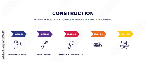 set of construction thin line icons. construction outline icons with infographic template. linear icons such as big derrick with boxes, short shovel, construction palette, ,
