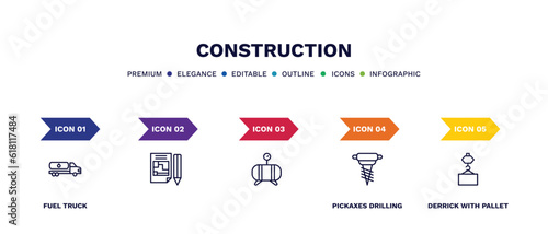 set of construction thin line icons. construction outline icons with infographic template. linear icons such as fuel truck, , pickaxes drilling, derrick with pallet