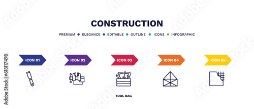 set of construction thin line icons. construction outline icons with infographic template. linear icons such as , tool bag,