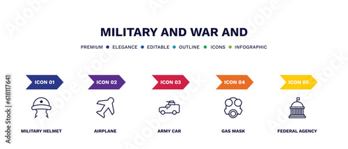 set of military and war and thin line icons. military and war outline icons with infographic template. linear icons such as military helmet, airplane, army car, gas mask, federal agency vector.