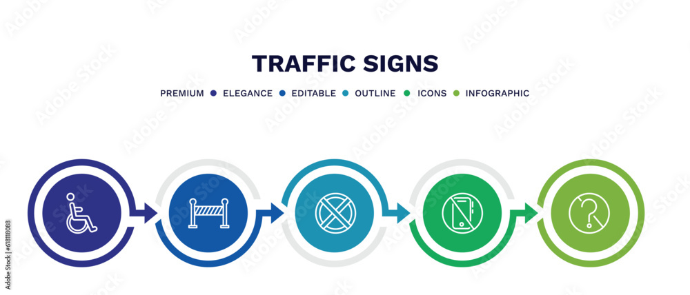 set of traffic signs thin line icons. traffic signs outline icons with infographic template. linear icons such as handicap, barrier, no stopping, no mobile phone, no doubt vector. set of traffic signs thin line icons. traffic signs outline icons with infographic template. linear icons such as handicap, barrier, no stopping, no mobile phone, no doubt vector.