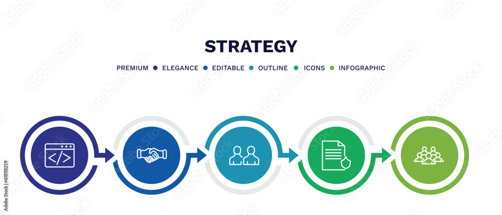 set of strategy thin line icons. strategy outline icons with infographic template. linear icons such as coding, handshake, sample, policy, teamwork vector. set of strategy thin line icons. strategy outline icons with infographic template. linear icons such as coding, handshake, sample, policy, teamwork vector.