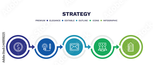 set of strategy thin line icons. strategy outline icons with infographic template. linear icons such as money, creative, email, discussion, list vector.