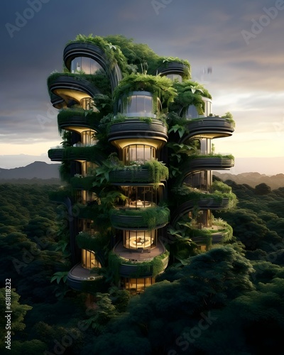 Modern  eco-friendly building seamlessly integrated with lush greenery  showcasing the buildings harmonious coexistence with nature. Generative AI.