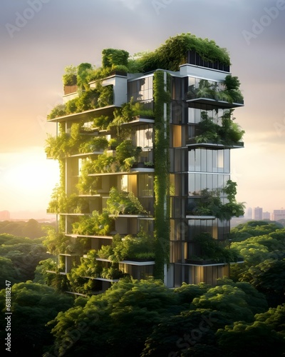 Modern, eco-friendly building seamlessly integrated with lush greenery and glass windows, showcasing sustainability in a future city. Generative AI.