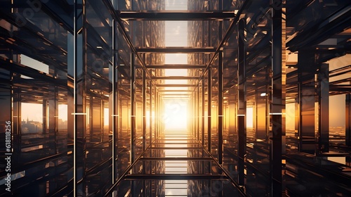 Fascinating perspective of a skyscraper under construction with repeating patterns of steel girders and framework during sunset, with several reflections. Generative AI.