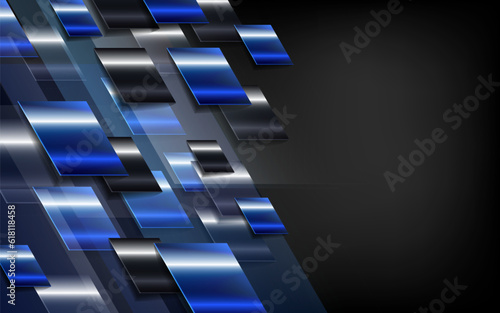 Black and blue glossy metal shapes on dark background. Vector hi-tech geometric banner design.