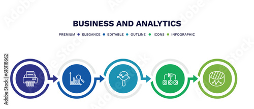 set of business and analytics thin line icons. business and analytics outline icons with infographic template. linear icons such as paper shredder, bars chart analysis, data analytics circular, data