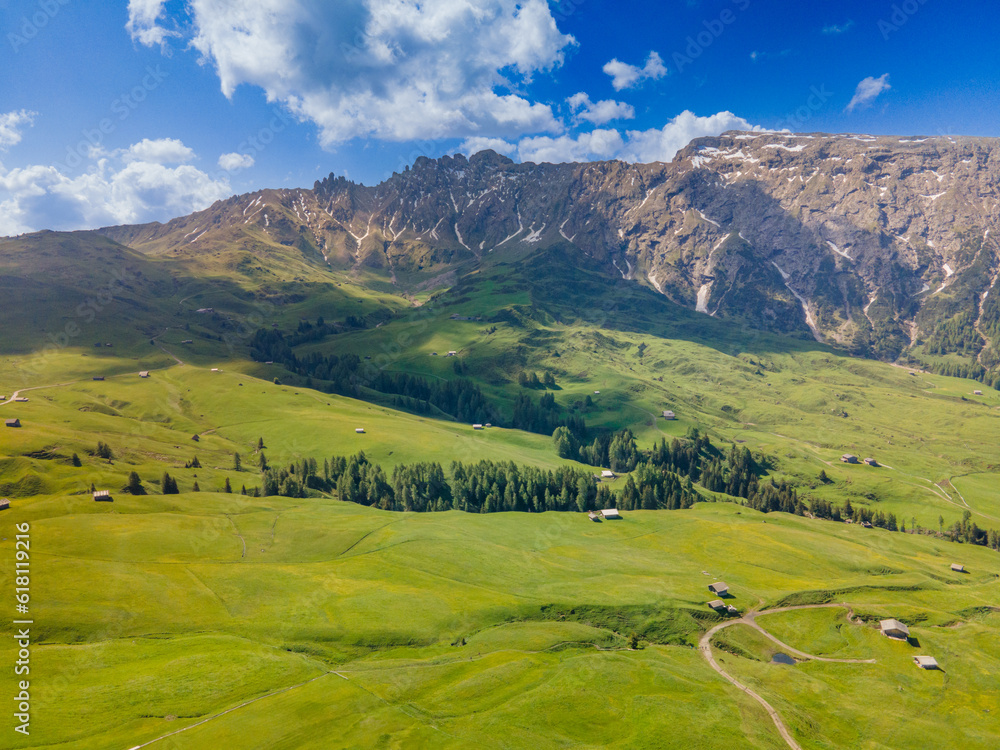 Aerial of a mountainous landscape in the Dolemites. Italian Alps. Drone Landscape Photography. Europe Travel. Hiking Destination.