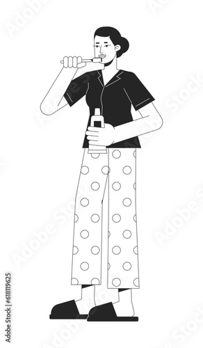 Everyday routine flat line black white vector character. Editable outline full body woman brushing teeth on white. Self care simple cartoon isolated spot illustration for web graphic design