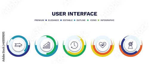 set of user interface thin line icons. user interface outline icons with infographic template. linear icons such as 3d forward arrow, evolution, circular arrow clock, ecologic heart, archery