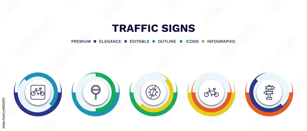 set of traffic signs thin line icons. traffic signs outline icons with infographic template. linear icons such as cycle lane, prohibited way, no virus, bicycle, crossroad vector. set of traffic signs thin line icons. traffic signs outline icons with infographic template. linear icons such as cycle lane, prohibited way, no virus, bicycle, crossroad vector.