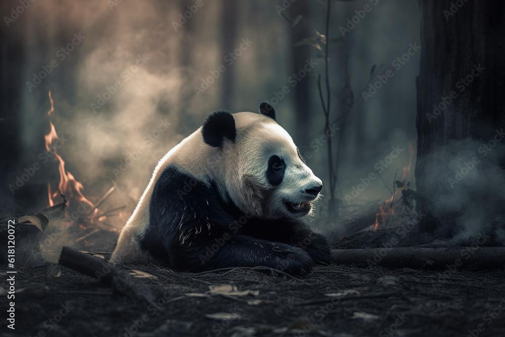 Obraz premium Image of panda exhausted in the midst of wildfires and smoke. Wildlife Animals. Illustration. Generative AI.