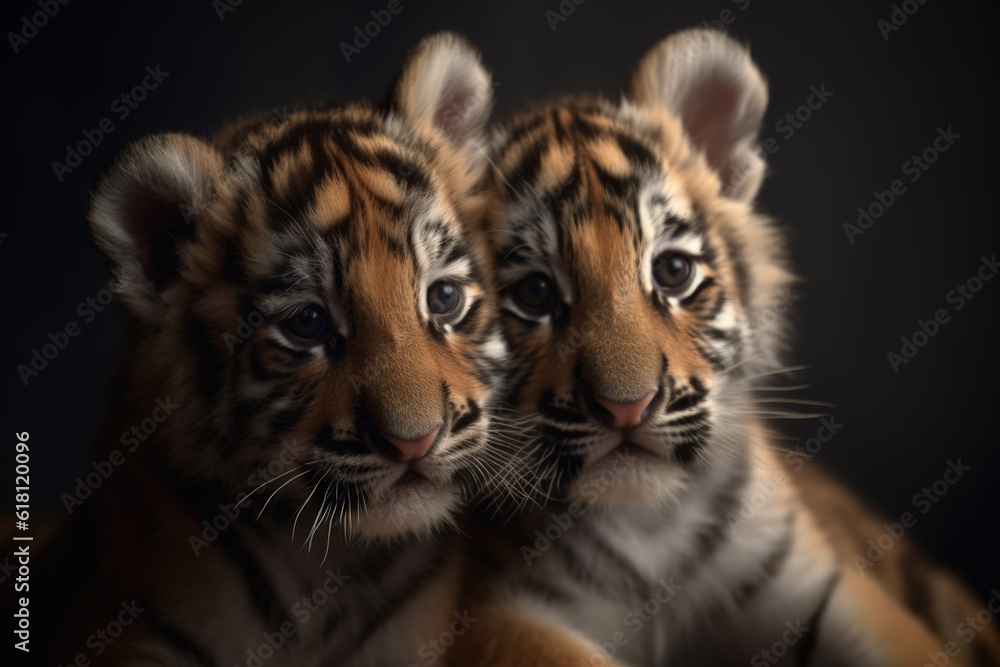 Image of two baby tigers cubs cuddle together. Wildlife Animals. Illustration, Generative AI. Image of two baby tigers cubs cuddle together. Wildlife Animals. Illustration, Generative AI.