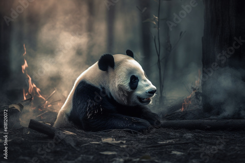 Image of panda exhausted in the midst of wildfires and smoke. Wildlife Animals. Illustration. Generative AI.