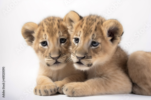 Image of two baby lions cubs cuddle together on white background. Wildlife Animals. Illustration, Generative AI. © yod67