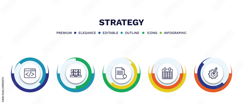 set of strategy thin line icons. strategy outline icons with infographic template. linear icons such as coding, video conference, policy, calendar, resource vector. set of strategy thin line icons. strategy outline icons with infographic template. linear icons such as coding, video conference, policy, calendar, resource vector.