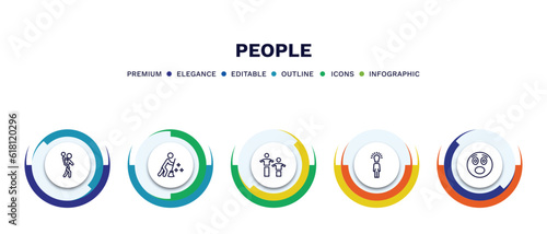 set of people thin line icons. people outline icons with infographic template. linear icons such as give a piggy back ride, sweeping person, team work success, man with idea, surprised smile vector.