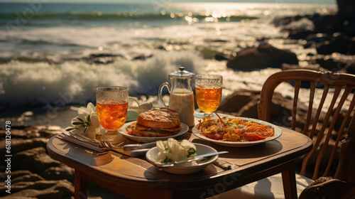 breakfast  bread  cheese  wine on  wooden table decorated with flowers by the sea while enjoying the waves