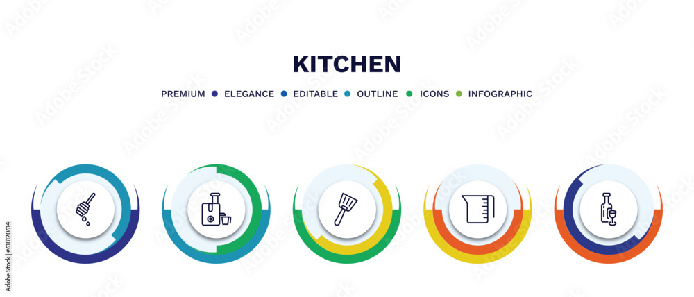 set of kitchen thin line icons. kitchen outline icons with infographic template. linear icons such as honey dipper, juicer, spatula, measuring cup, wine bottle vector. set of kitchen thin line icons. kitchen outline icons with infographic template. linear icons such as honey dipper, juicer, spatula, measuring cup, wine bottle vector.