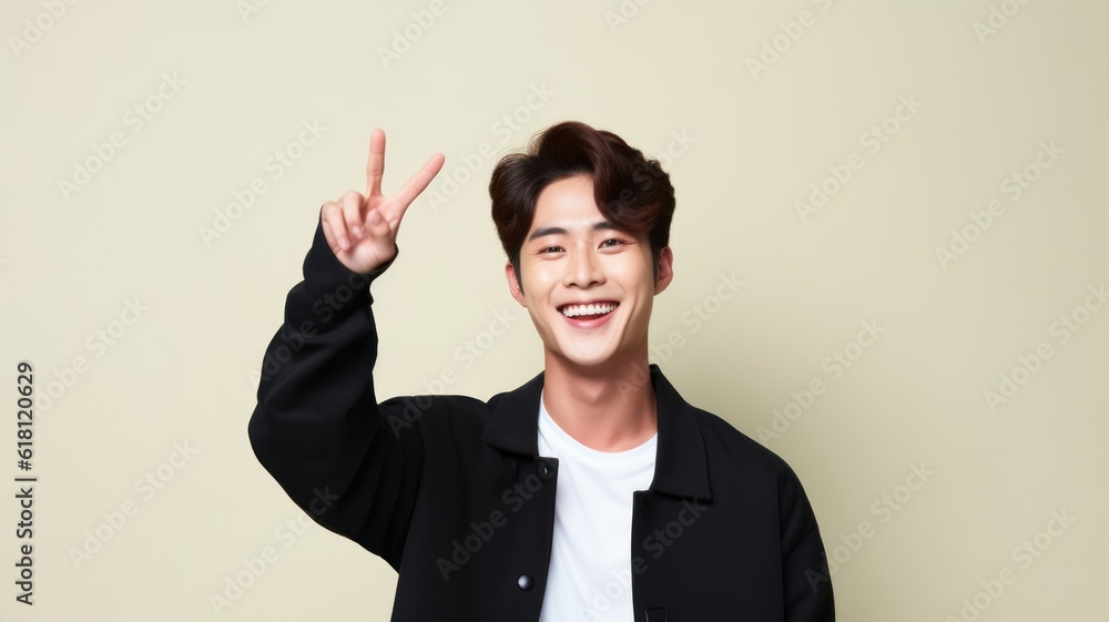 Portrait of a fictional young Korean man doing the peace sign with his hand. Isolated on plain background. Generative AI illustration. Portrait of a fictional young Korean man doing the peace sign with his hand. Isolated on plain background. Generative AI illustration.