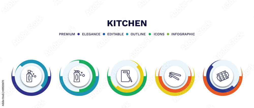 set of kitchen thin line icons. kitchen outline icons with infographic template. linear icons such as soap dispenser, liquid soap, kitchen board, garlic press, muffin pan vector.