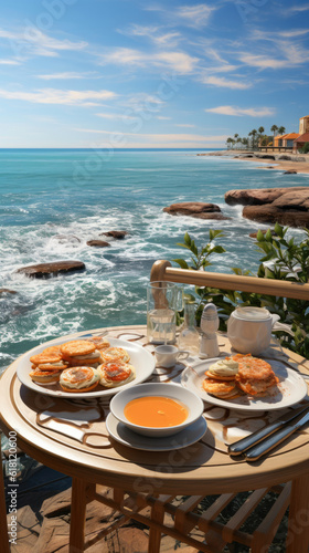 breakfast  bread  cheese on  wooden table decorated with flowers by the sea while enjoying the waves
