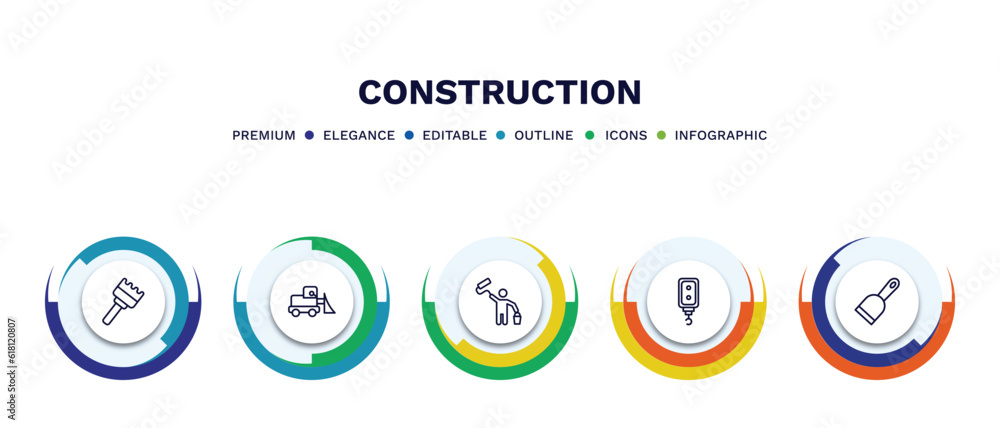 set of construction thin line icons. construction outline icons with infographic template. linear icons such as sand brush, little snowplow, man painting, pulley hook, vector. set of construction thin line icons. construction outline icons with infographic template. linear icons such as sand brush, little snowplow, man painting, pulley hook, vector.