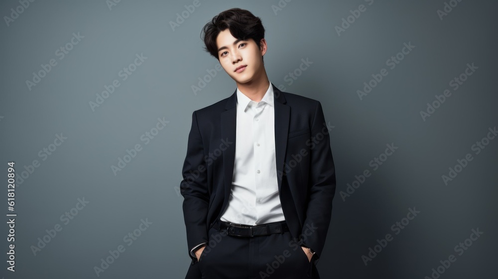 Portrait of a fictional young Korean model wearing a suit, isolated on gray background. Generative AI illustration. Portrait of a fictional young Korean model wearing a suit, isolated on gray background. Generative AI illustration.