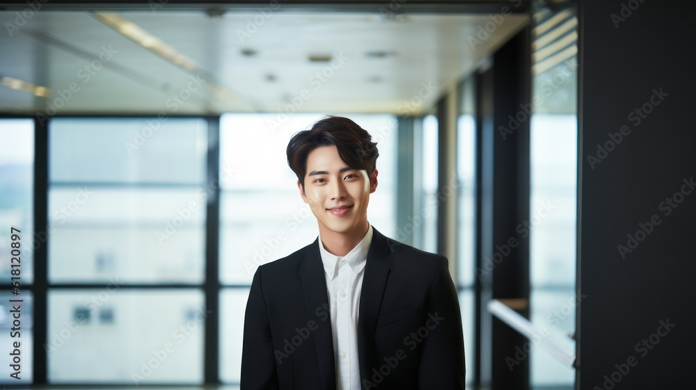 Portrait of a fictional young Korean businessman wearing a suit in an office. Generative AI illustration. Portrait of a fictional young Korean businessman wearing a suit in an office. Generative AI illustration.
