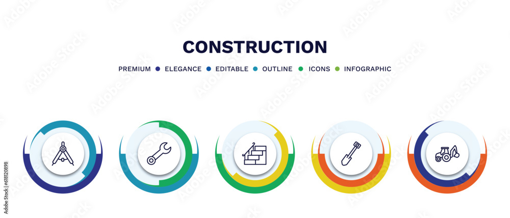 set of construction thin line icons. construction outline icons with infographic template. linear icons such as drawing compass, round wrench, stairs with handle, short shovel, backhoes vector. set of construction thin line icons. construction outline icons with infographic template. linear icons such as drawing compass, round wrench, stairs with handle, short shovel, backhoes vector.