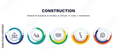 set of construction thin line icons. construction outline icons with infographic template. linear icons such as , derrick with box, brickwall, wrench and gear