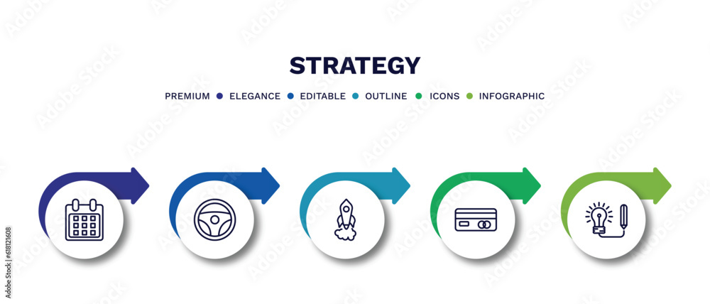 set of strategy thin line icons. strategy outline icons with infographic template. linear icons such as calendar, steering wheel, startup, card, creative vector.